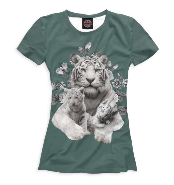 Женская футболка с изображением Тигр с тигрятами цвета Белый