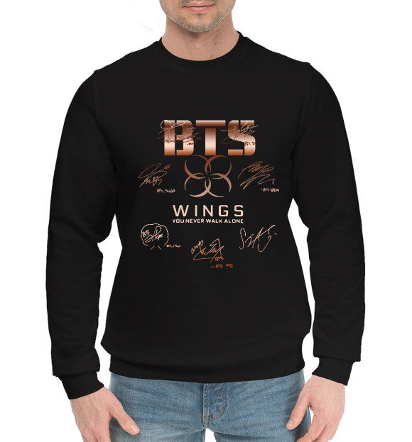 Мужской хлопковый свитшот с изображением BTS Wings автографы цвета Черный