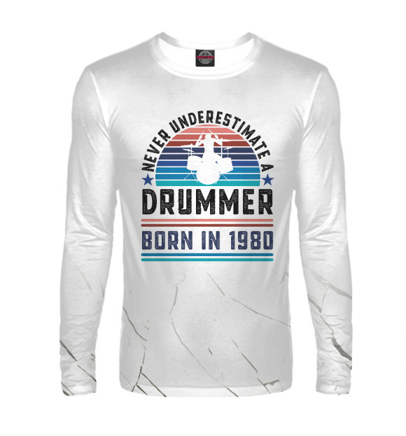 Мужской лонгслив с изображением Drummer born 1980 цвета Белый
