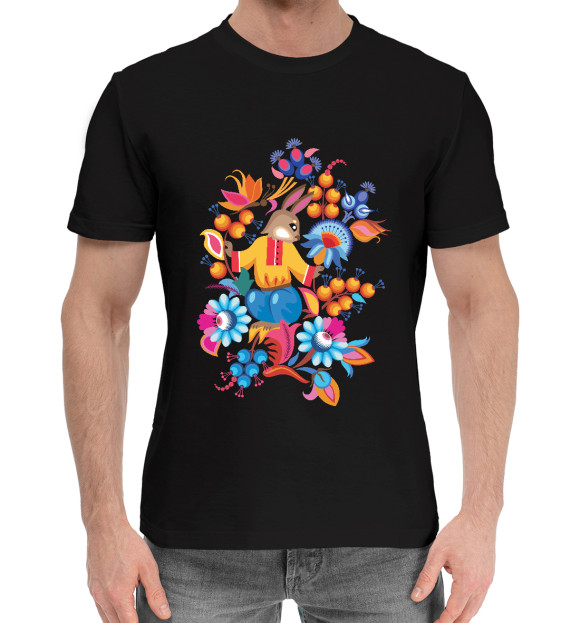 Мужская хлопковая футболка с изображением Русский народный с зайчиком цвета Черный