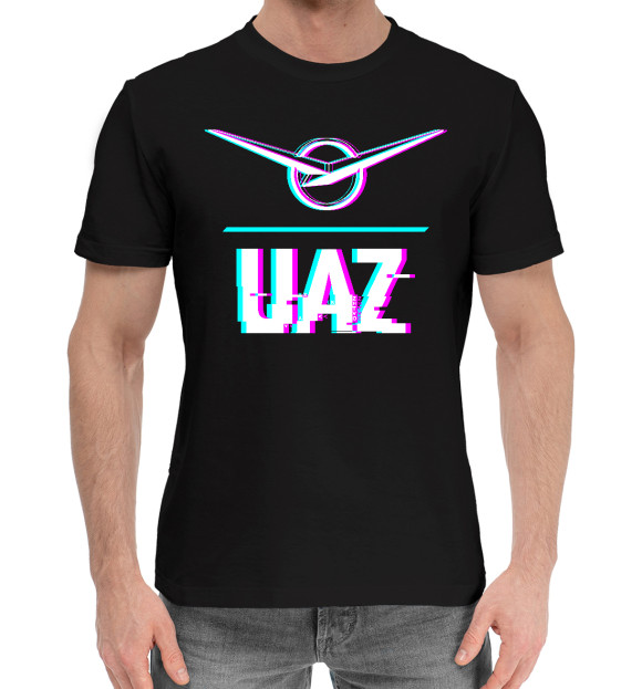 Мужская хлопковая футболка с изображением Значок UAZ Glitch цвета Черный