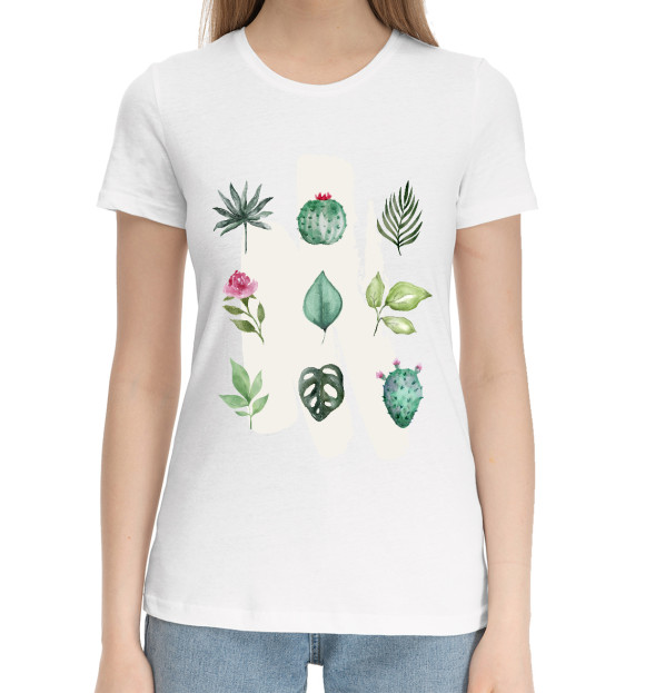 Женская хлопковая футболка с изображением Роза и кактус цвета Белый
