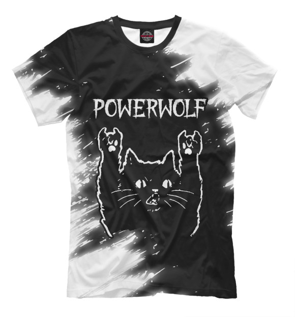 Мужская футболка с изображением Powerwolf + Рок Кот цвета Белый