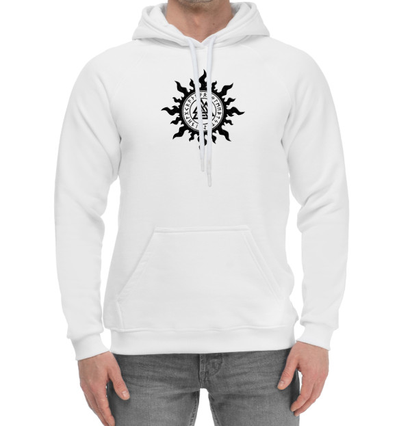 Мужской хлопковый худи с изображением Валькнут в символике солнца цвета Белый