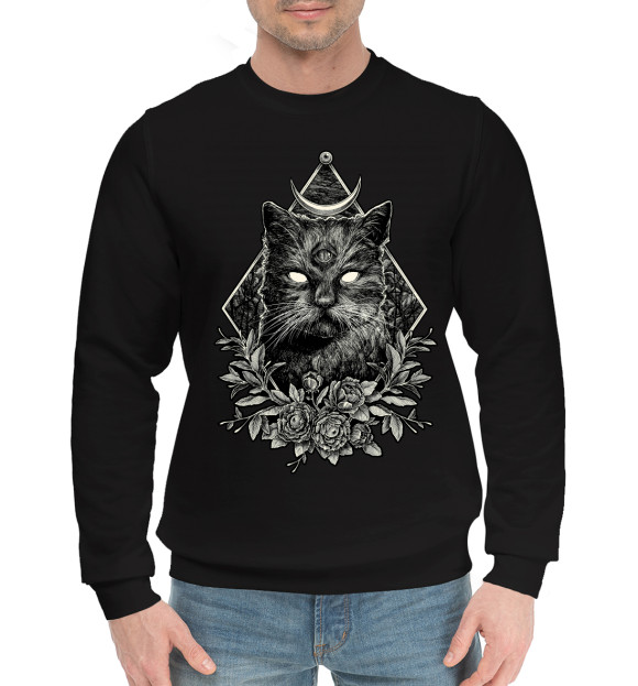 Мужской хлопковый свитшот с изображением Dark Cat цвета Черный