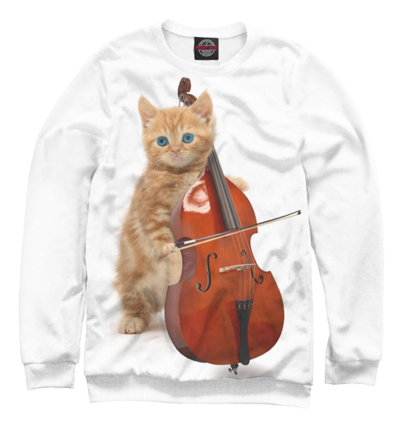 Мужской свитшот с изображением Котёнок с контрабасом цвета Белый