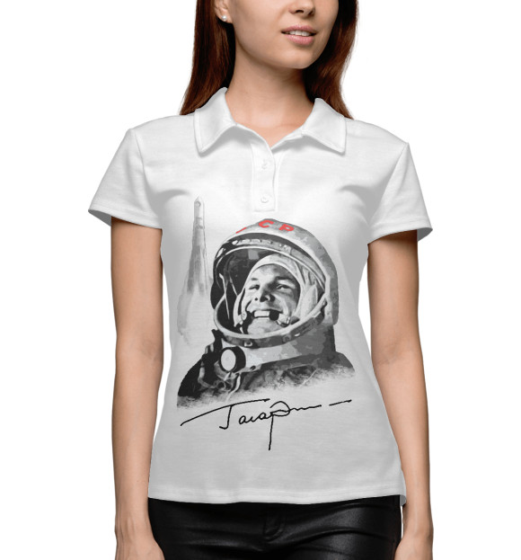 Женское поло с изображением Гагарин цвета Белый