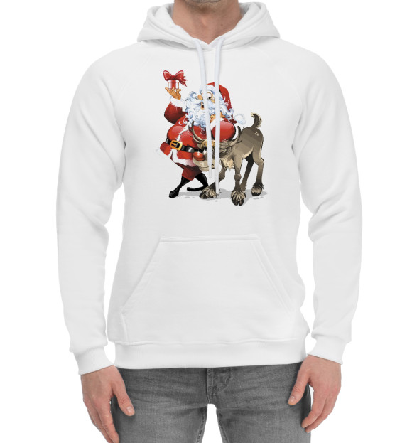 Мужской хлопковый худи с изображением Дед Мороз и олень цвета Белый