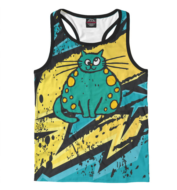 Мужская майка-борцовка с изображением Прикольный зеленый кот цвета Белый