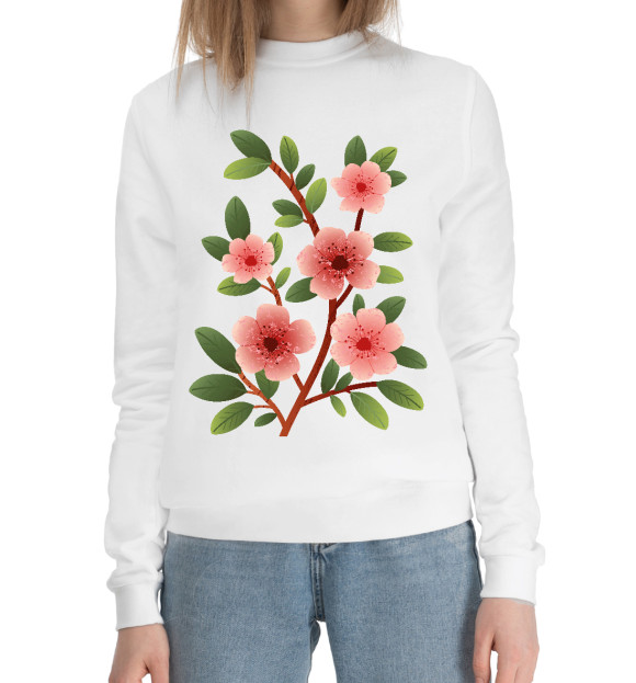 Женский хлопковый свитшот с изображением Цветущая ветка с листьями цвета Белый
