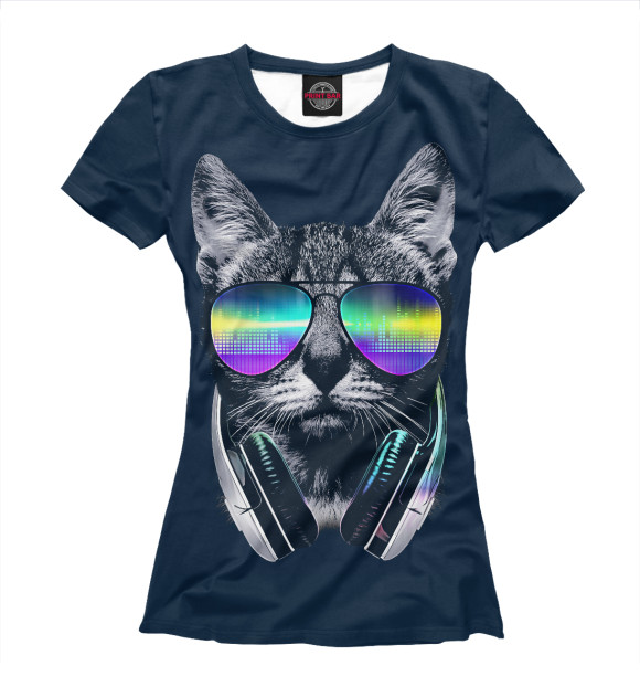 Женская футболка с изображением Кот с наушниками цвета Белый
