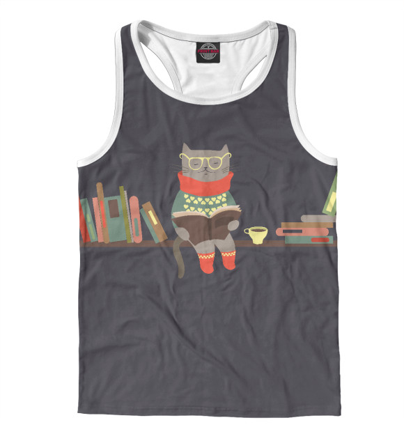 Мужская майка-борцовка с изображением Кот читатель цвета Белый