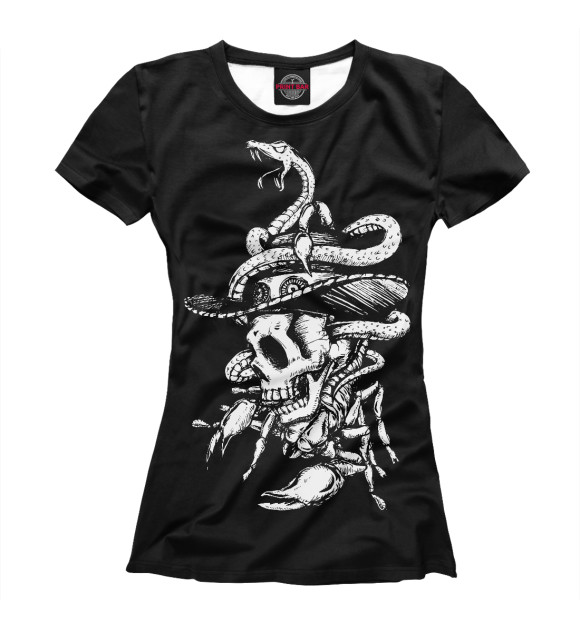 Женская футболка с изображением Череп и змея цвета Белый