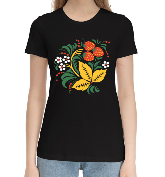 Женская хлопковая футболка с изображением Хохлома роспись Клубника цвета Черный
