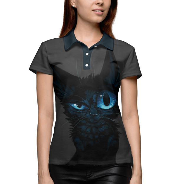 Женское поло с изображением Black kitten цвета Белый