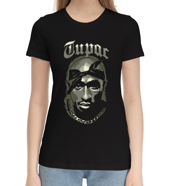 Женская хлопковая футболка с изображением Тупак цвета Черный