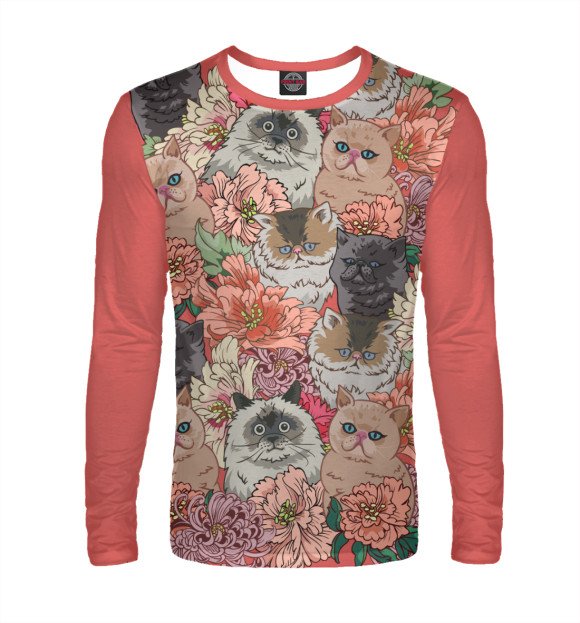 Мужской лонгслив с изображением Коты в цветах цвета Белый