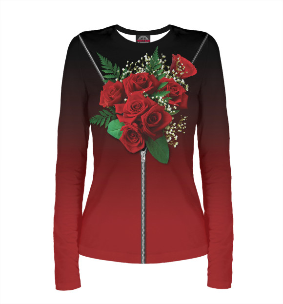 Женский лонгслив с изображением Букет за пазухой (красный) цвета Белый