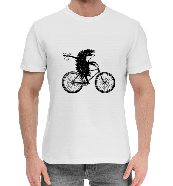 Мужская хлопковая футболка с изображением Ежик на велосипеде цвета Белый