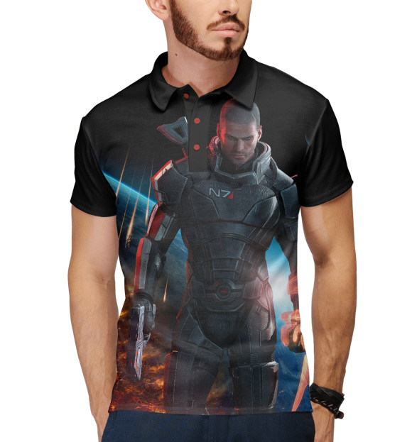 Мужское поло с изображением Mass Effect — Шепард цвета Белый