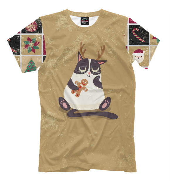 Мужская футболка с изображением Новогодний кот цвета Темно-бежевый