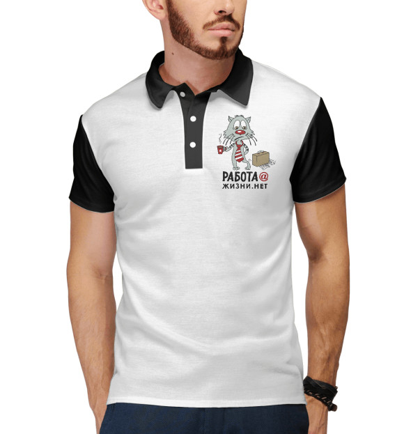 Мужское поло с изображением Весь в работе кот (ч/б) цвета Белый