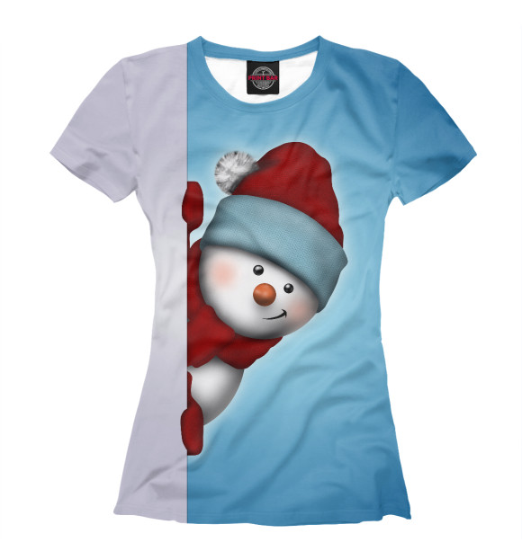 Женская футболка с притом Снеговик цвета Белый Женская футболка с изображением Снеговик цвета Белый