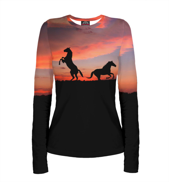 Женский лонгслив с притом Кони в закате цвета Белый Женский лонгслив с изображением Кони в закате цвета Белый