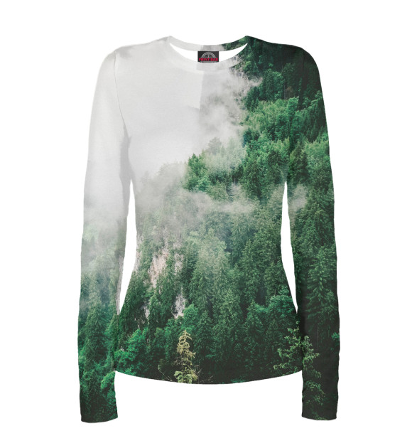 Женский лонгслив с изображением Лес в тумане цвета Белый