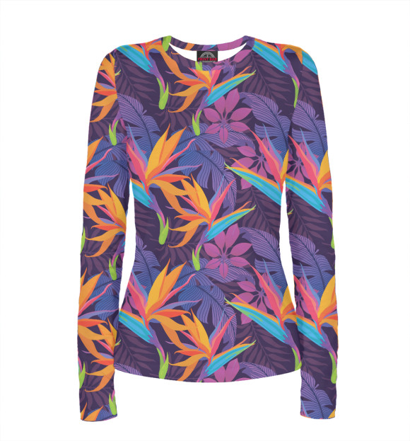 Женский лонгслив с притом Цветы и листья цвета Белый Женский лонгслив с изображением Цветы и листья цвета Белый