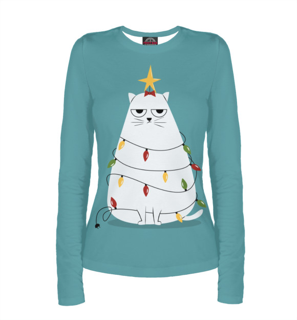 Женский лонгслив с изображением Cute christmas cat цвета Белый