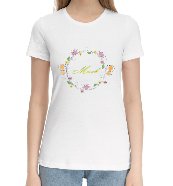 Женская хлопковая футболка с изображением Праздник весны цвета Белый