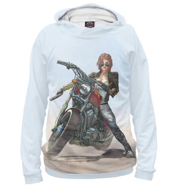 Мужское худи с изображением Девушка на мотоцикле цвета Белый