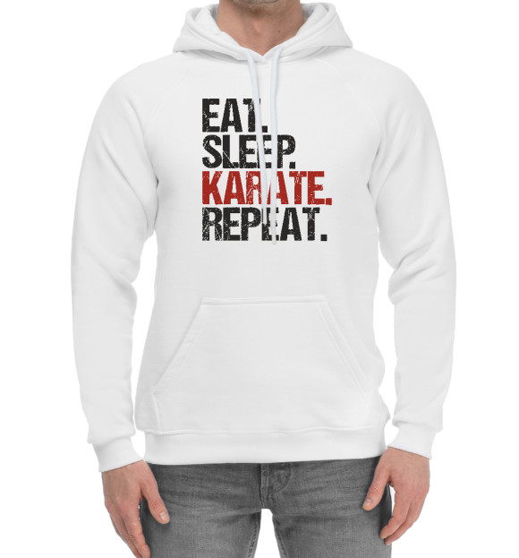 Мужской хлопковый худи с изображением Есть, спать, карате цвета Белый