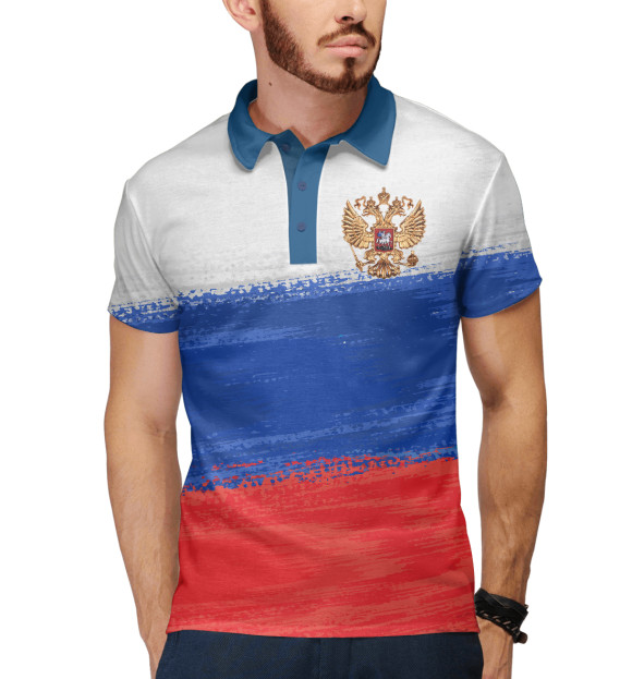 Мужское поло с изображением Флаг России с гербом цвета Белый