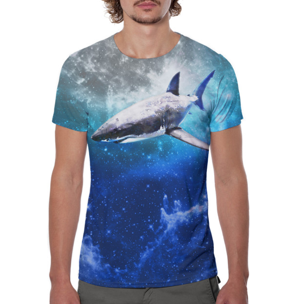 Мужская футболка с изображением Акула в космосе цвета Белый