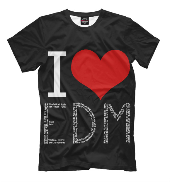 Мужская футболка с изображением I love EDM цвета Черный