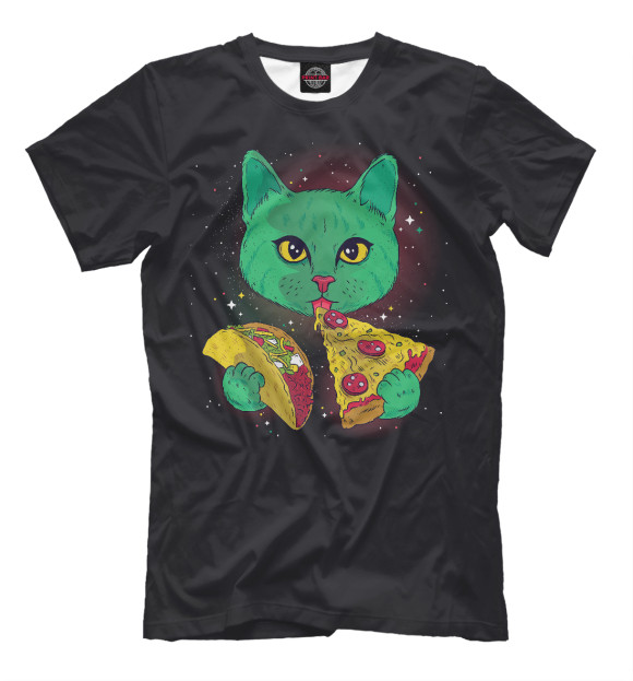 Мужская футболка с изображением Cosmic pizza cat цвета Черный