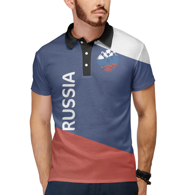 Мужское поло с изображением Флаг и герб России цвета Белый