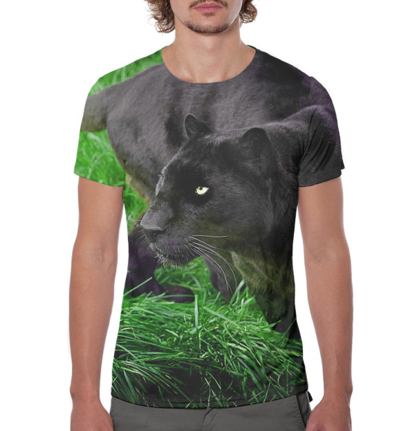 Мужская футболка с изображением Пантера на траве цвета Белый