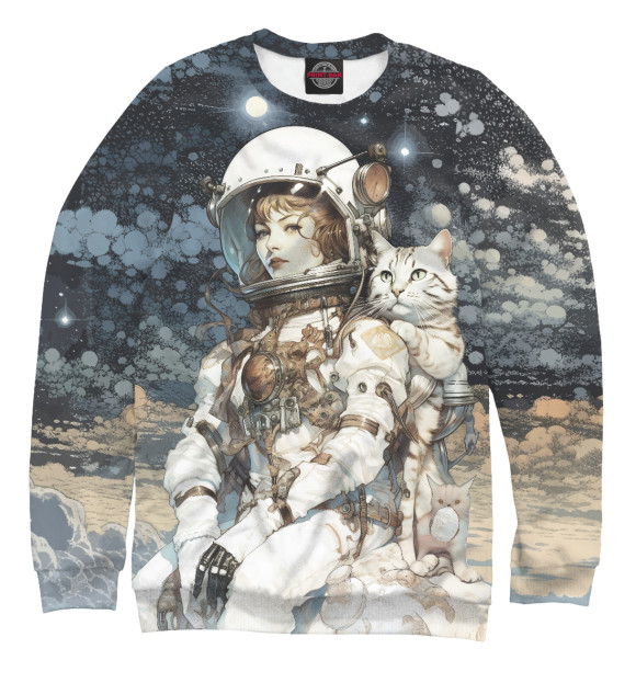 Свитшот для девочек с изображением Космонавт с белым полосатым котом цвета Белый
