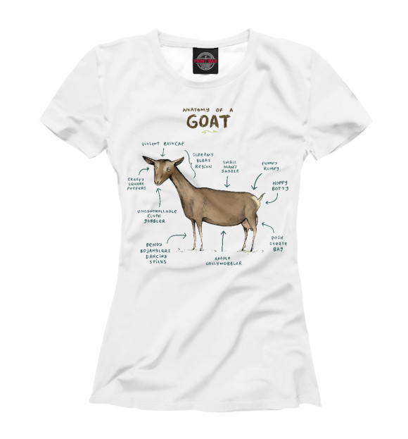 Женская футболка с изображением Анатомия козы цвета Белый