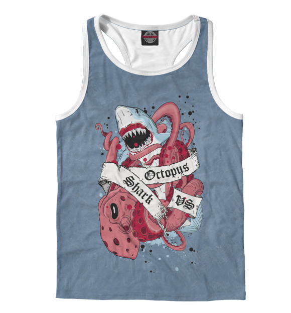 Мужская майка-борцовка с изображением Shark vs Octopus цвета Белый