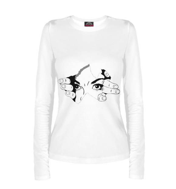 Женский лонгслив с притом Подглядывет цвета Белый Женский лонгслив с изображением Подглядывет цвета Белый
