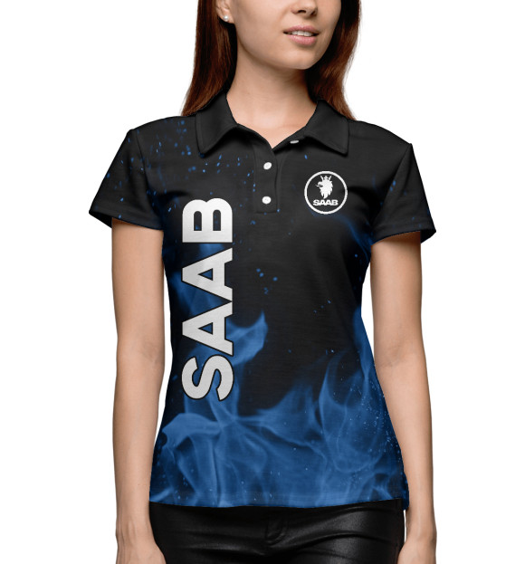 Женское поло с изображением SAAB blue fire цвета Белый