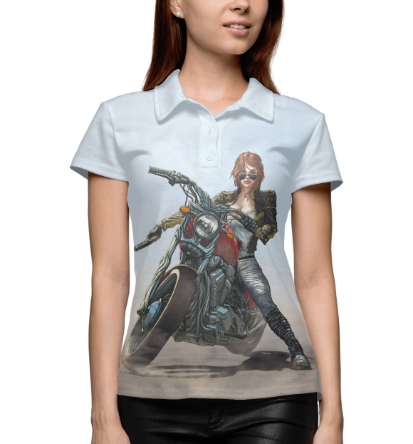 Женское поло с изображением Девушка на мотоцикле цвета Белый