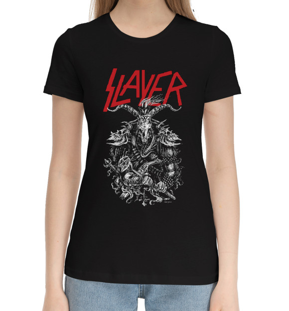 Женская хлопковая футболка с притом SLAYER цвета Черный Женская хлопковая футболка с изображением SLAYER цвета Черный
