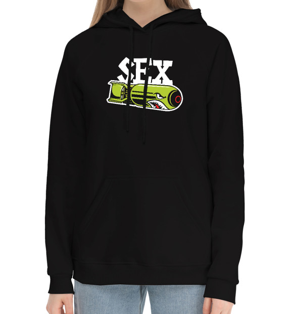 Женский хлопковый худи с притом Секс БОМБА цвета Черный Женский хлопковый худи с изображением Секс БОМБА цвета Черный