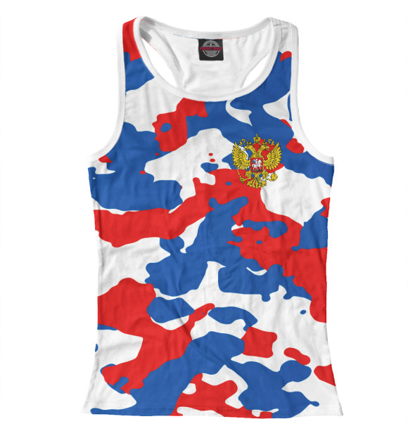 Женская майка-борцовка с изображением Россия Камуфляж Триколор цвета Белый