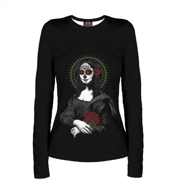 Женский лонгслив с притом Мона Лиза арт цвета Белый Женский лонгслив с изображением Мона Лиза арт цвета Белый